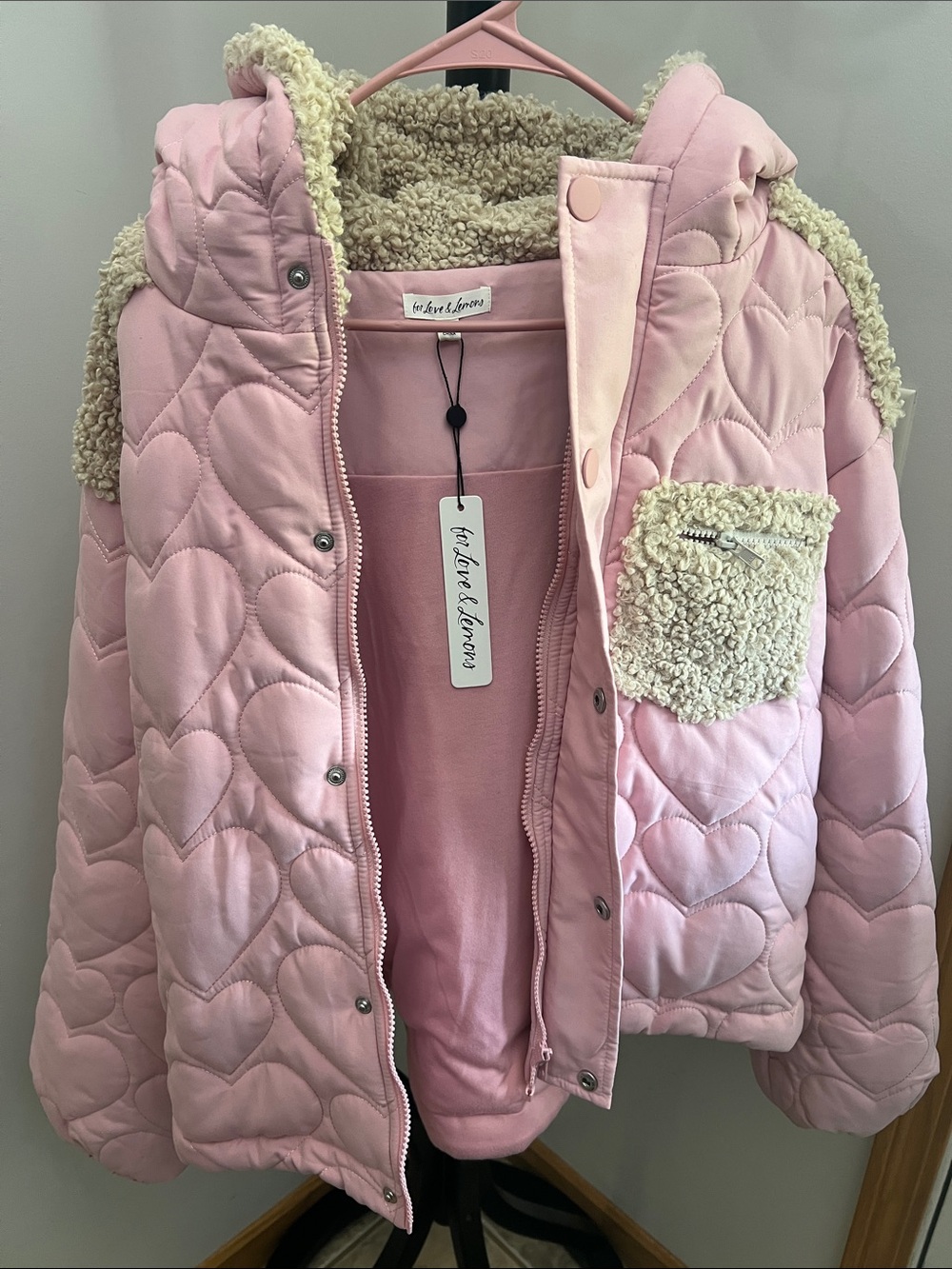 Women’s Pink Quilted Sherpa-Lined Hooded Jacket